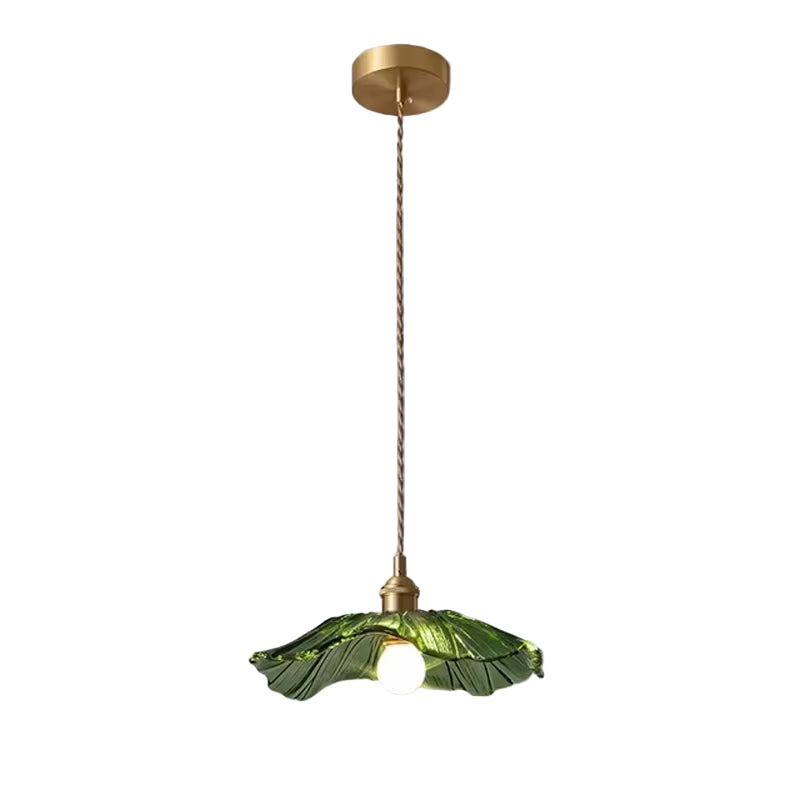 Pendant light with green glass shade and gold fixture, shown with dimensions on a gray background.