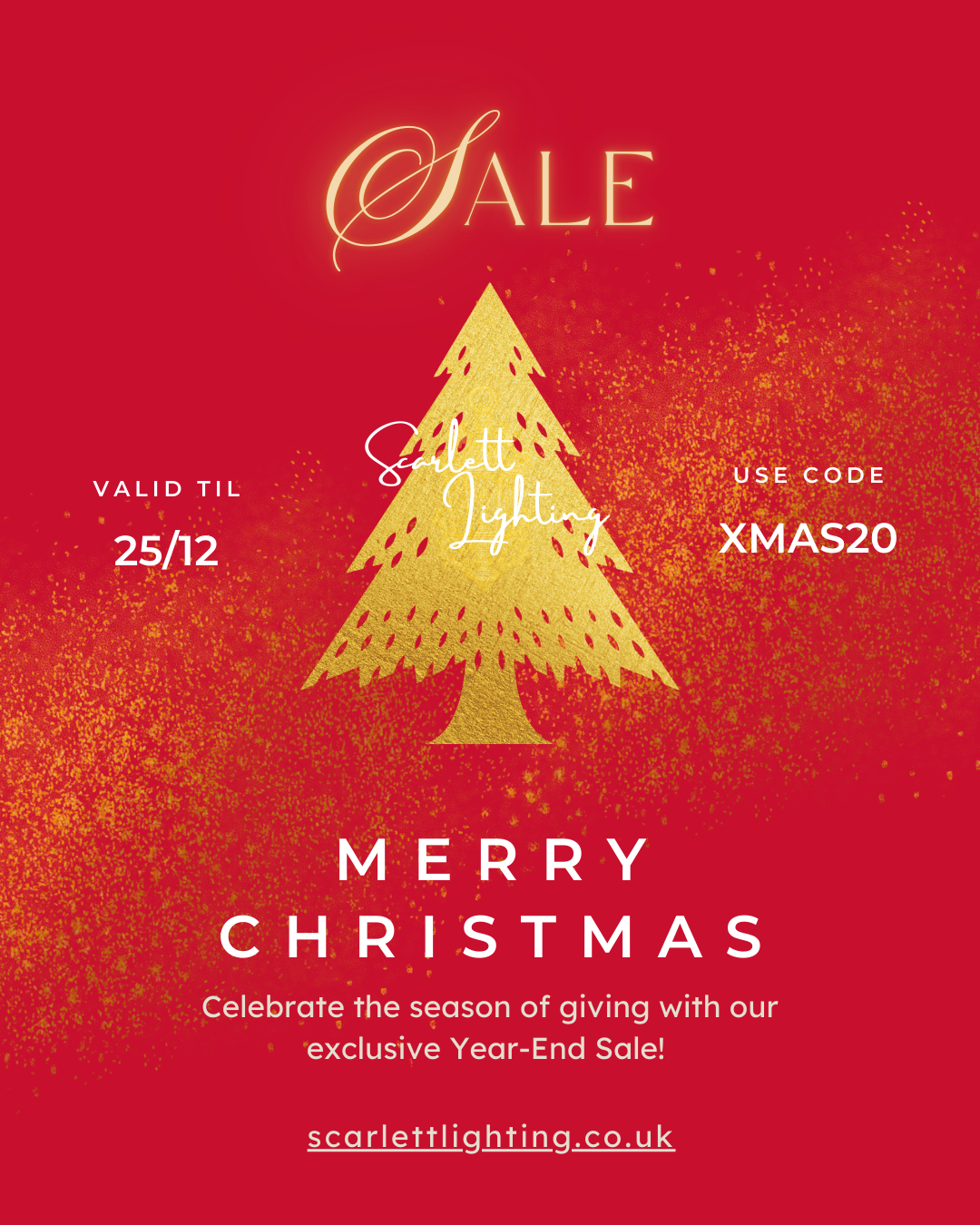 Red Christmas sale flyer with gold tree design and promotional text.